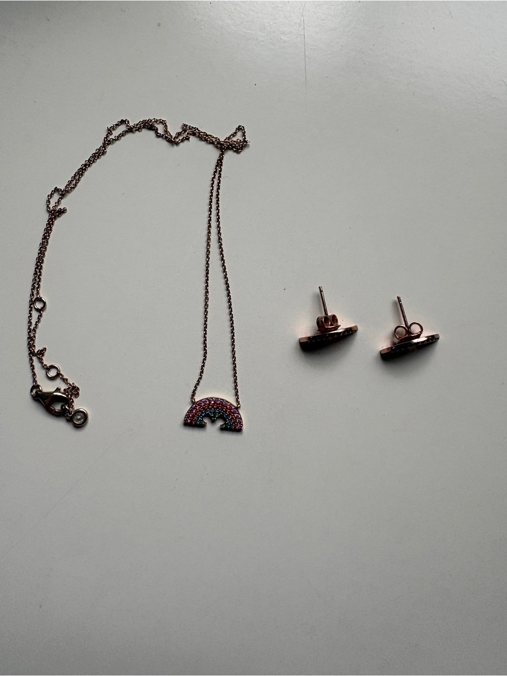 Crislu Disney Rainbow Pendant Necklace and Stud Earrings - Rose Gold Tone
